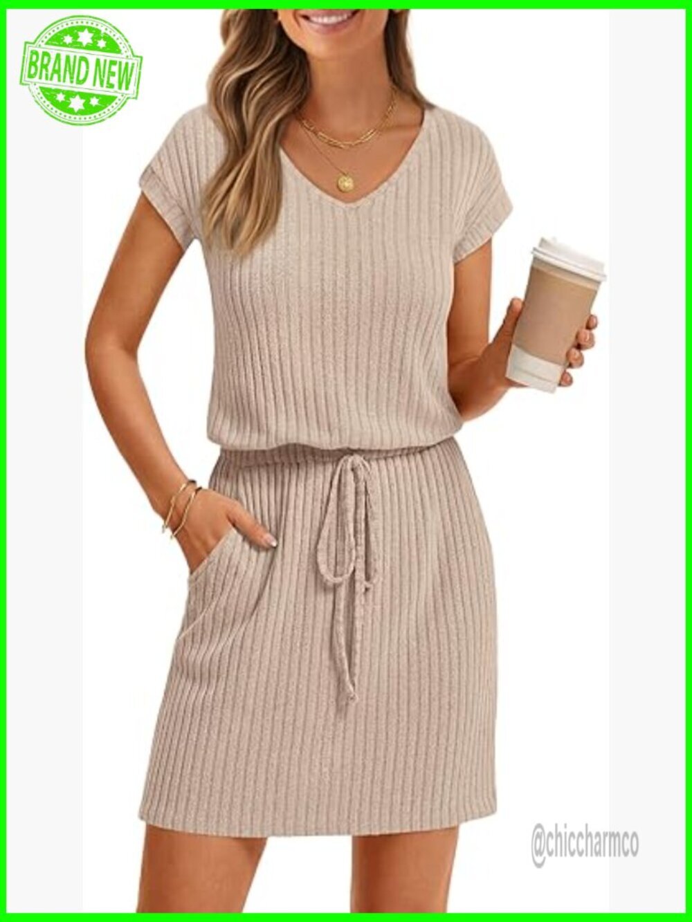 Women's V-Neck Mini Sundress with Pockets Casual Beach Dress